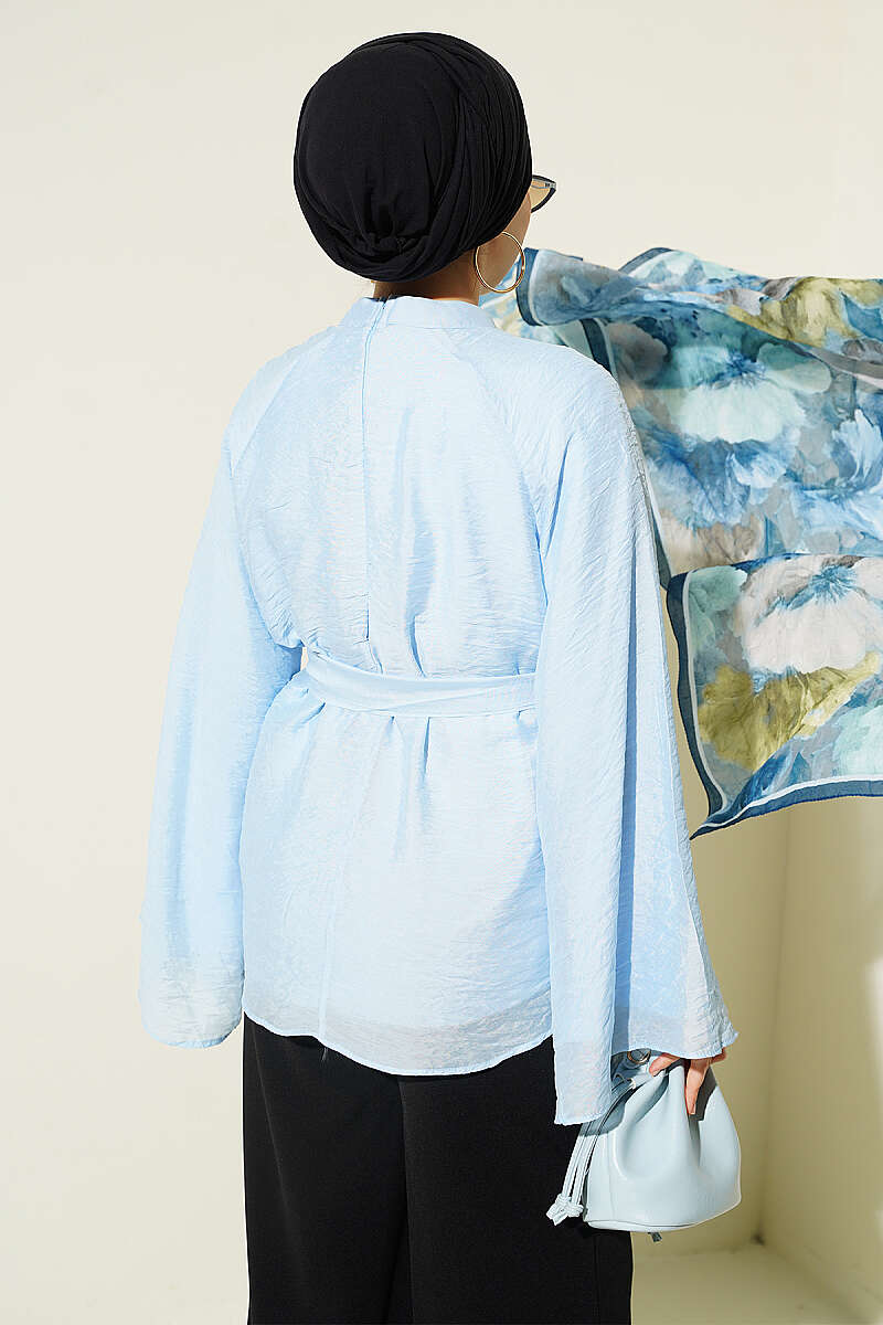 Belted Chiffon Batwing Tunic - Blue