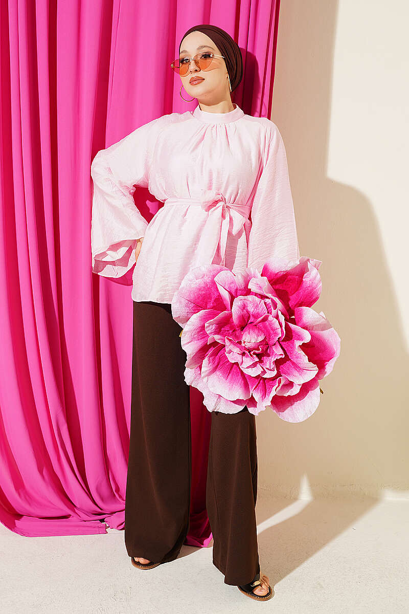 Belted Chiffon Batwing Tunic - Pink
