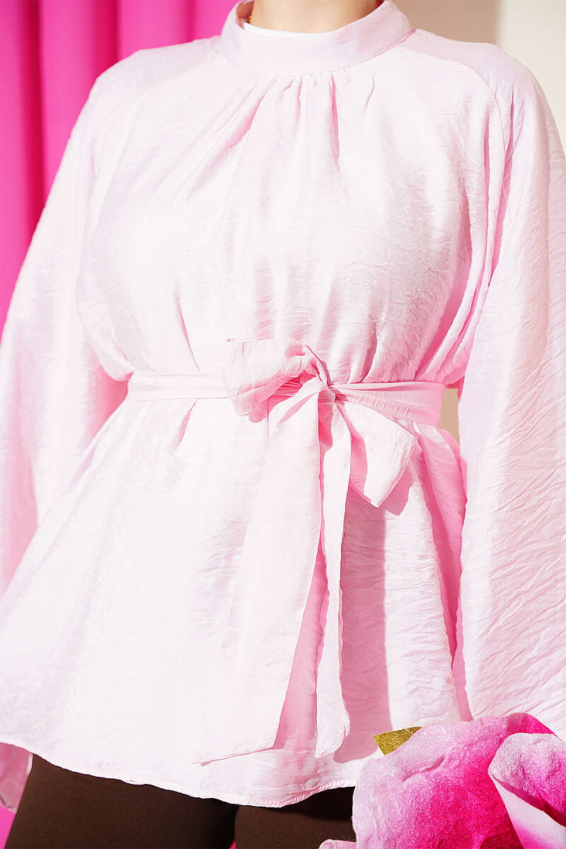 Belted Chiffon Batwing Tunic - Pink