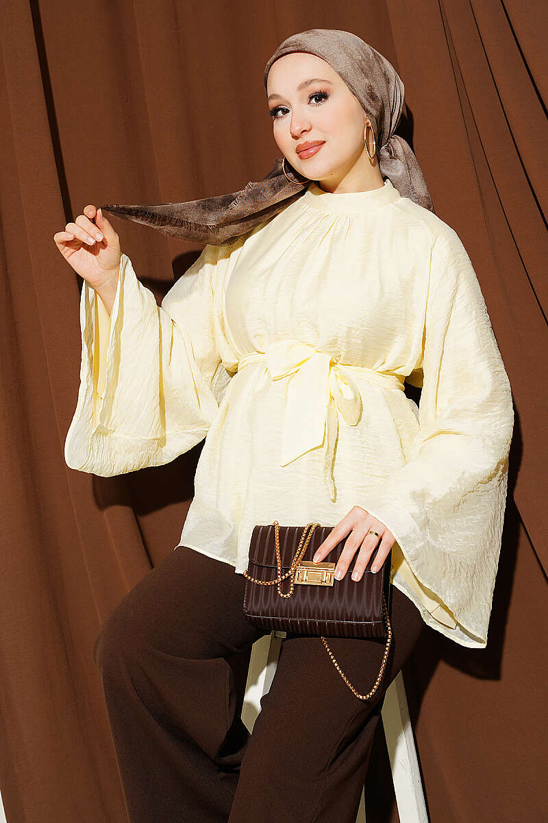 Belted Chiffon Batwing Tunic - Yellow
