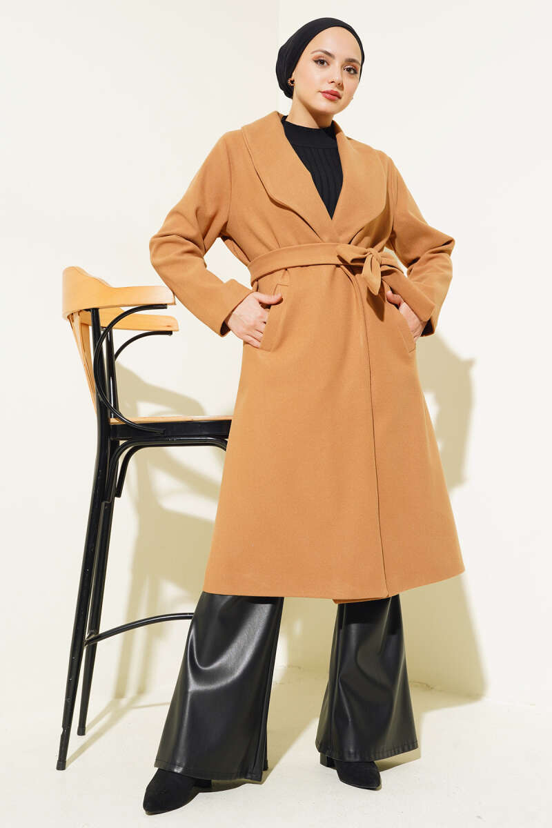 Long Basic Belted Felt Coat - Camel