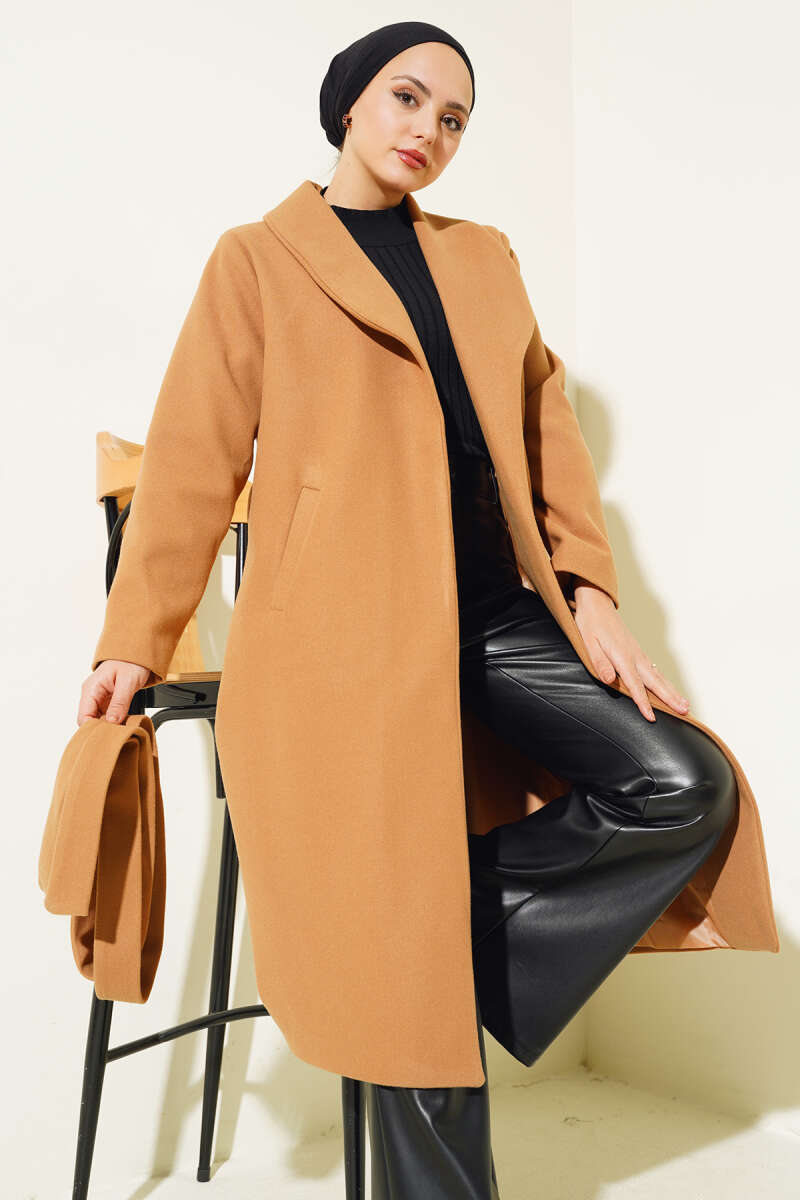 Long Basic Belted Felt Coat - Camel