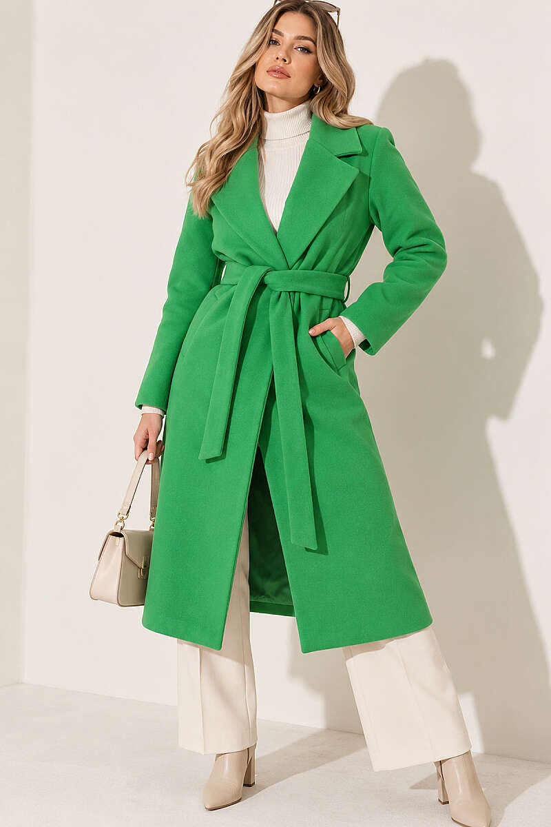 Long Belted Felt Coat - Green