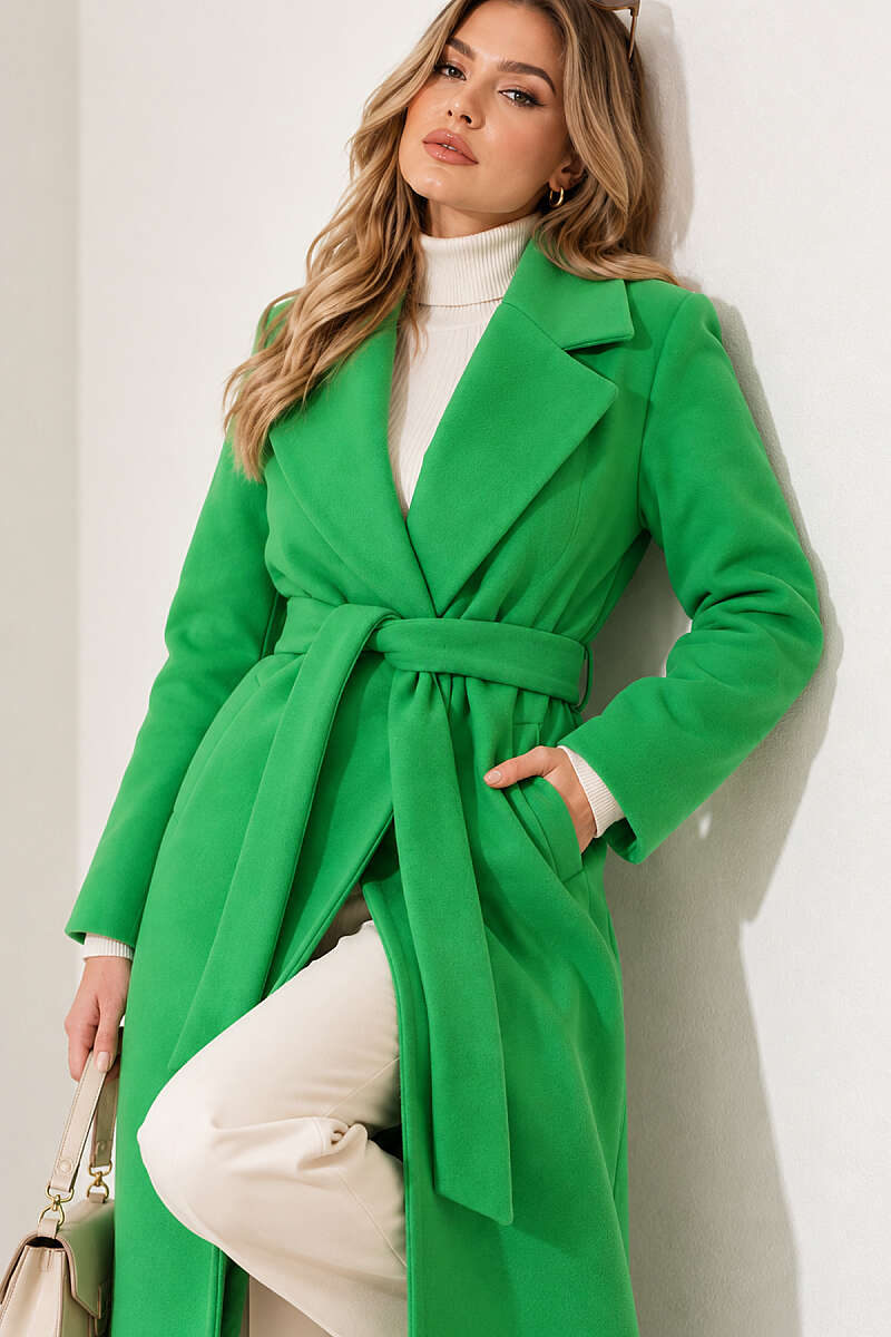 Long Belted Felt Coat - Green