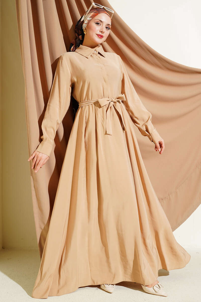 Belted Tencel Dress with Half-Placket Buttons - Beige