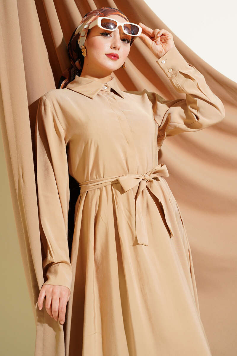 Belted Tencel Dress with Half-Placket Buttons - Beige