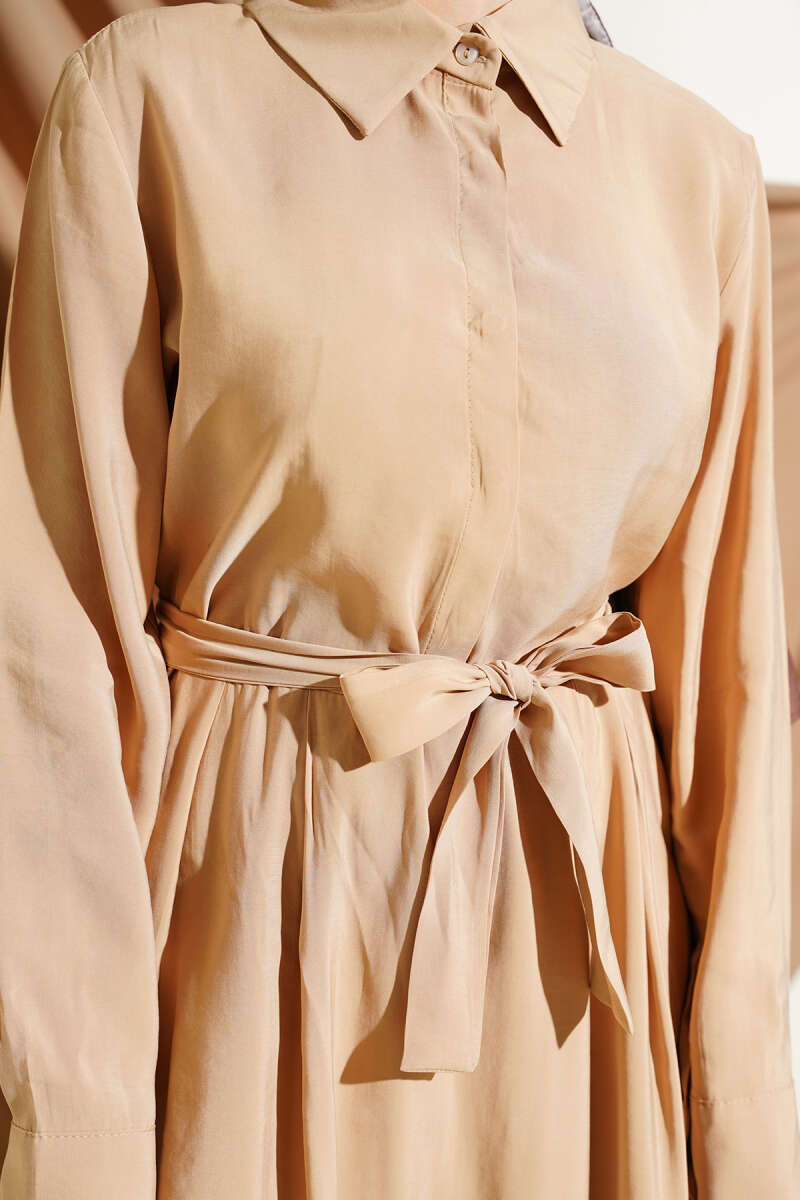 Belted Tencel Dress with Half-Placket Buttons - Beige