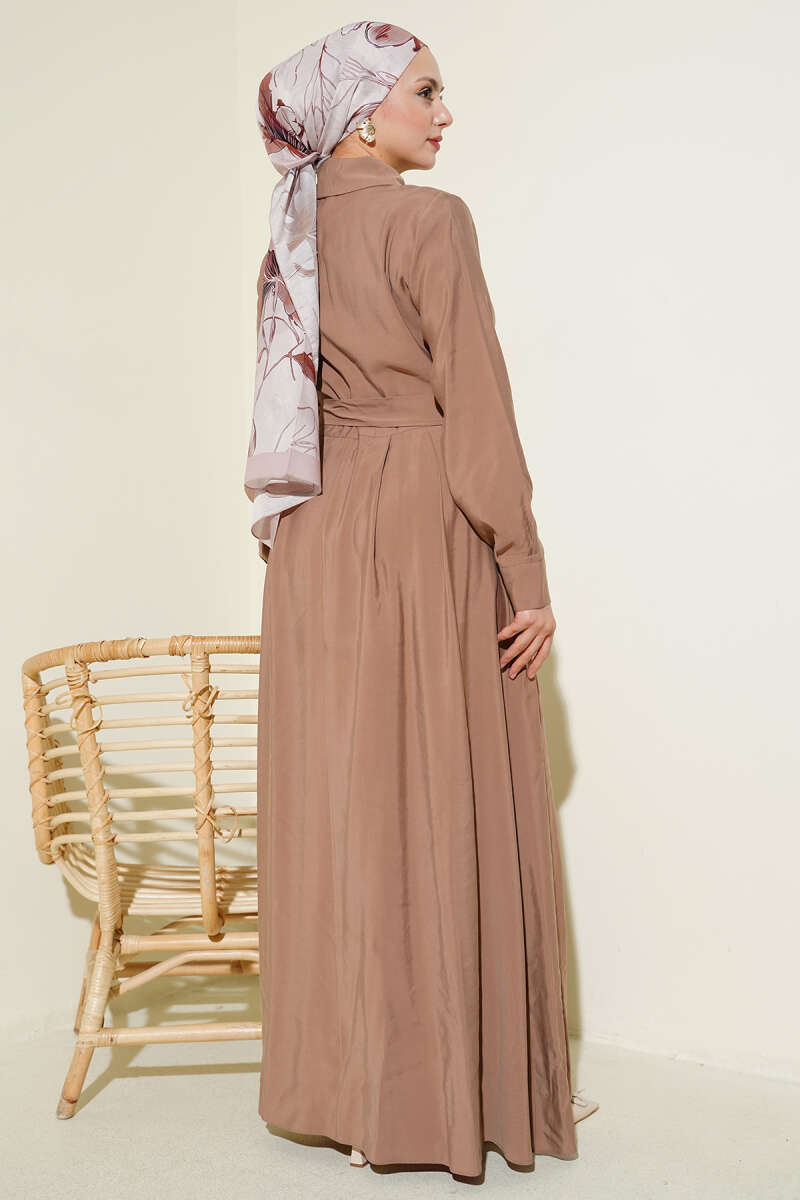 Belted Tencel Dress with Half-Placket Buttons - Latte