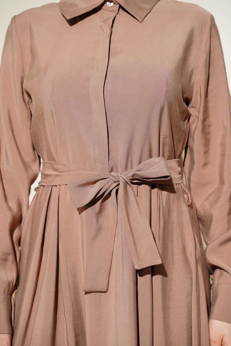 Belted Tencel Dress with Half-Placket Buttons - Latte