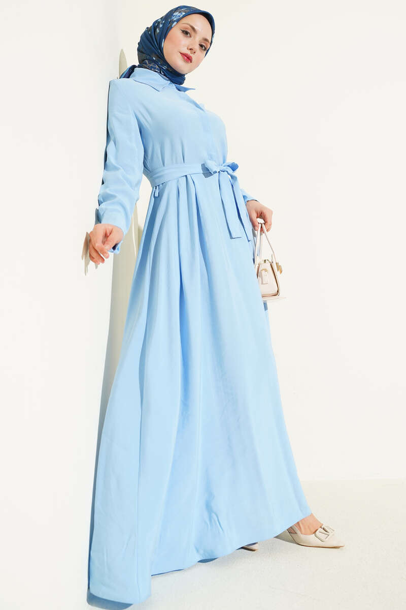 Belted Tencel Dress with Half-Placket Buttons - Blue