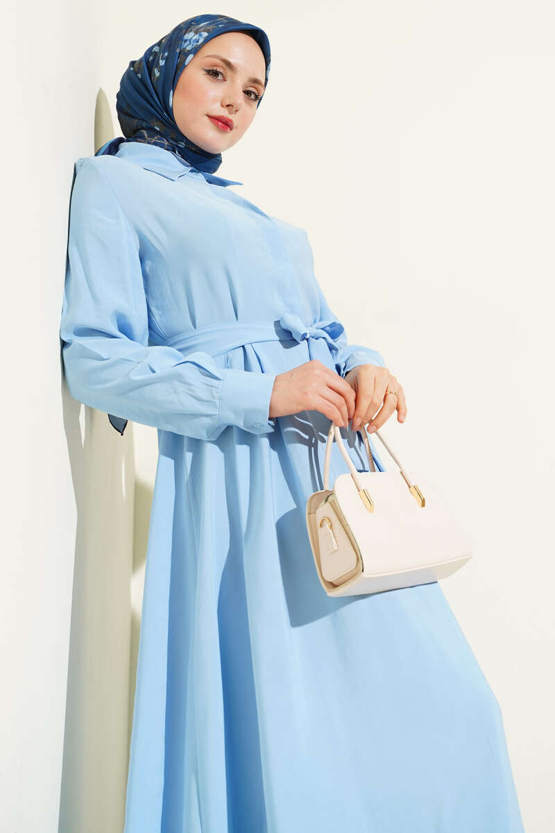 Belted Tencel Dress with Half-Placket Buttons - Blue