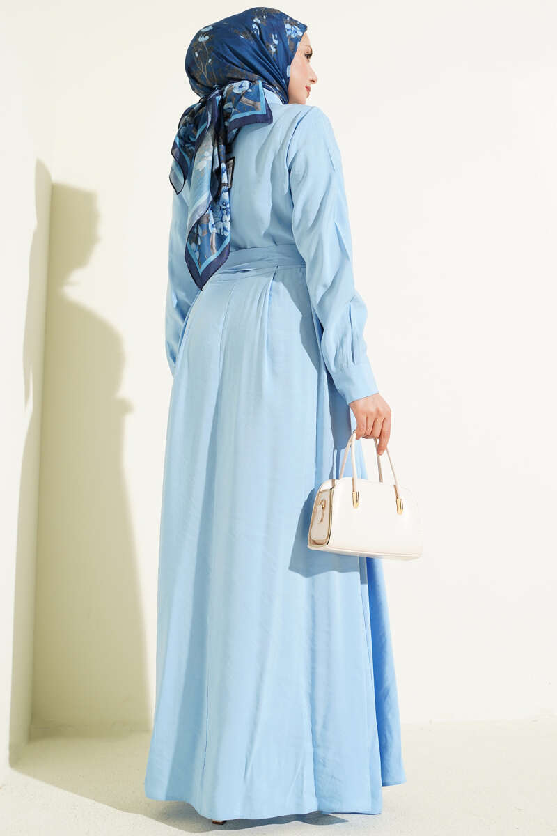 Belted Tencel Dress with Half-Placket Buttons - Blue