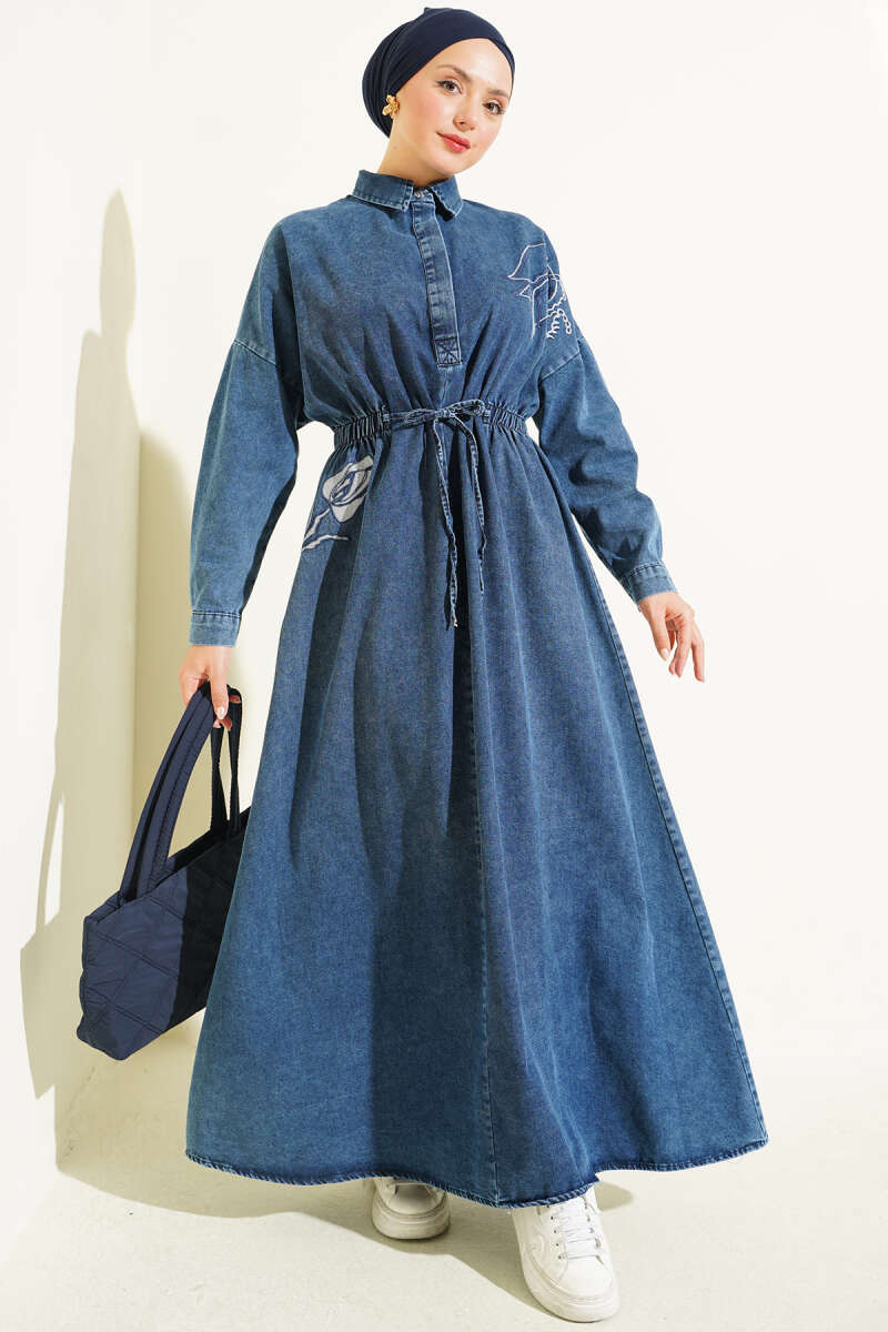 Tulip Embroidered Dress with Elastic Waist - Denim Blue