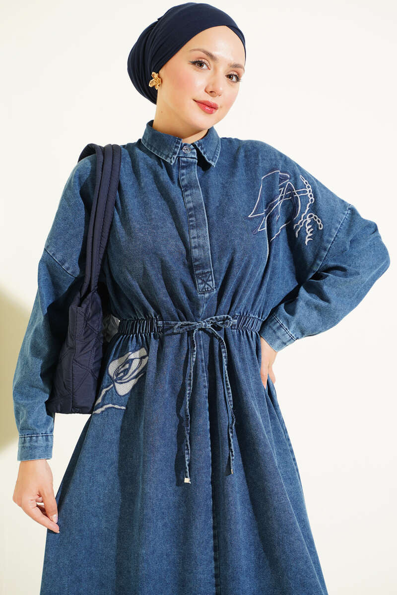 Tulip Embroidered Dress with Elastic Waist - Denim Blue