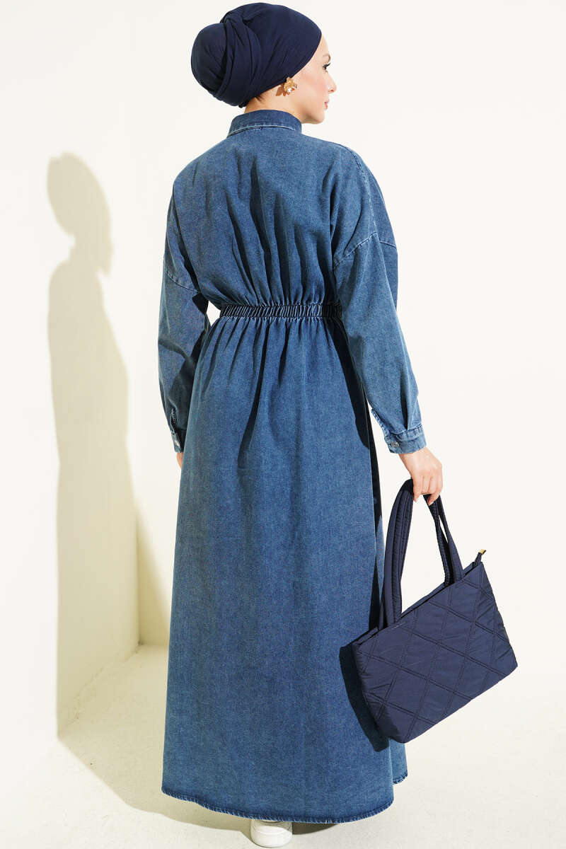 Tulip Embroidered Dress with Elastic Waist - Denim Blue