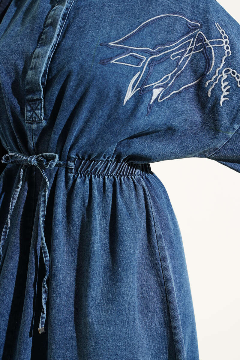 Tulip Embroidered Dress with Elastic Waist - Denim Blue