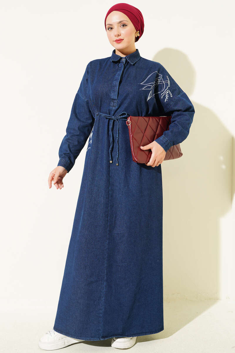 Tulip Embroidered Dress with Elastic Waist - Dark Blue