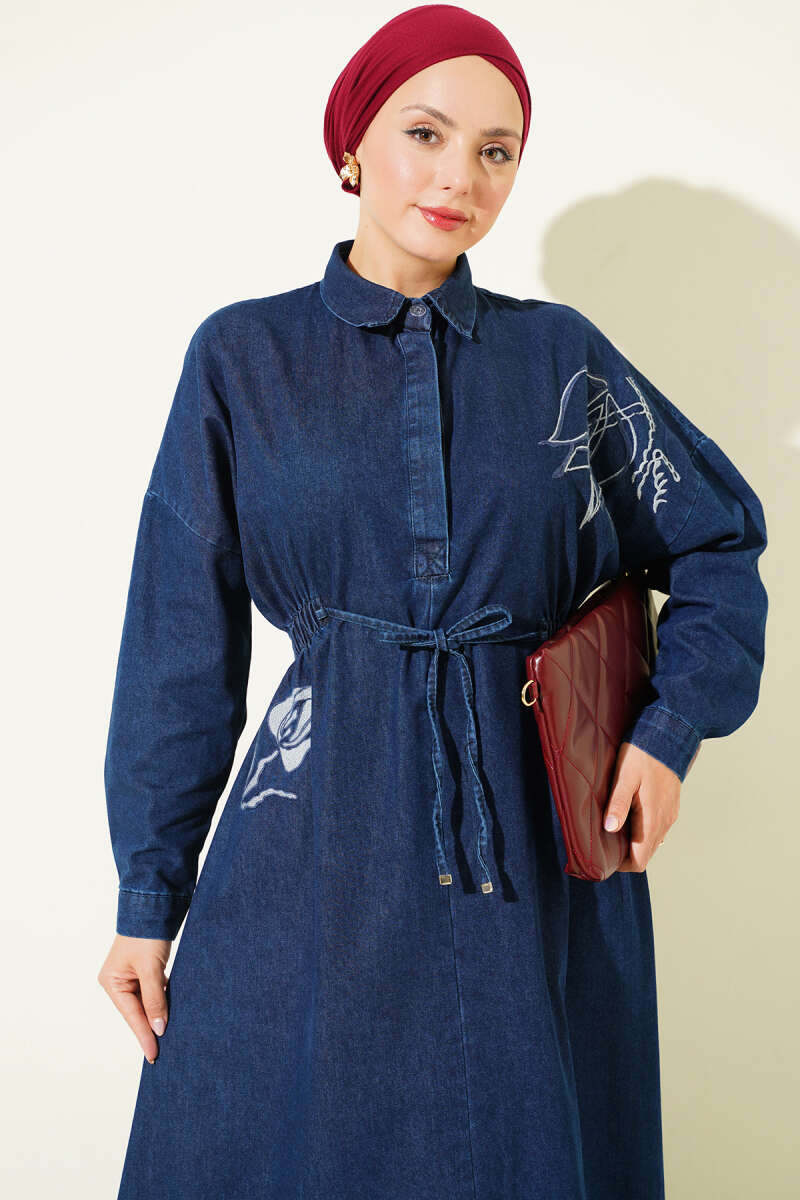 Tulip Embroidered Dress with Elastic Waist - Dark Blue