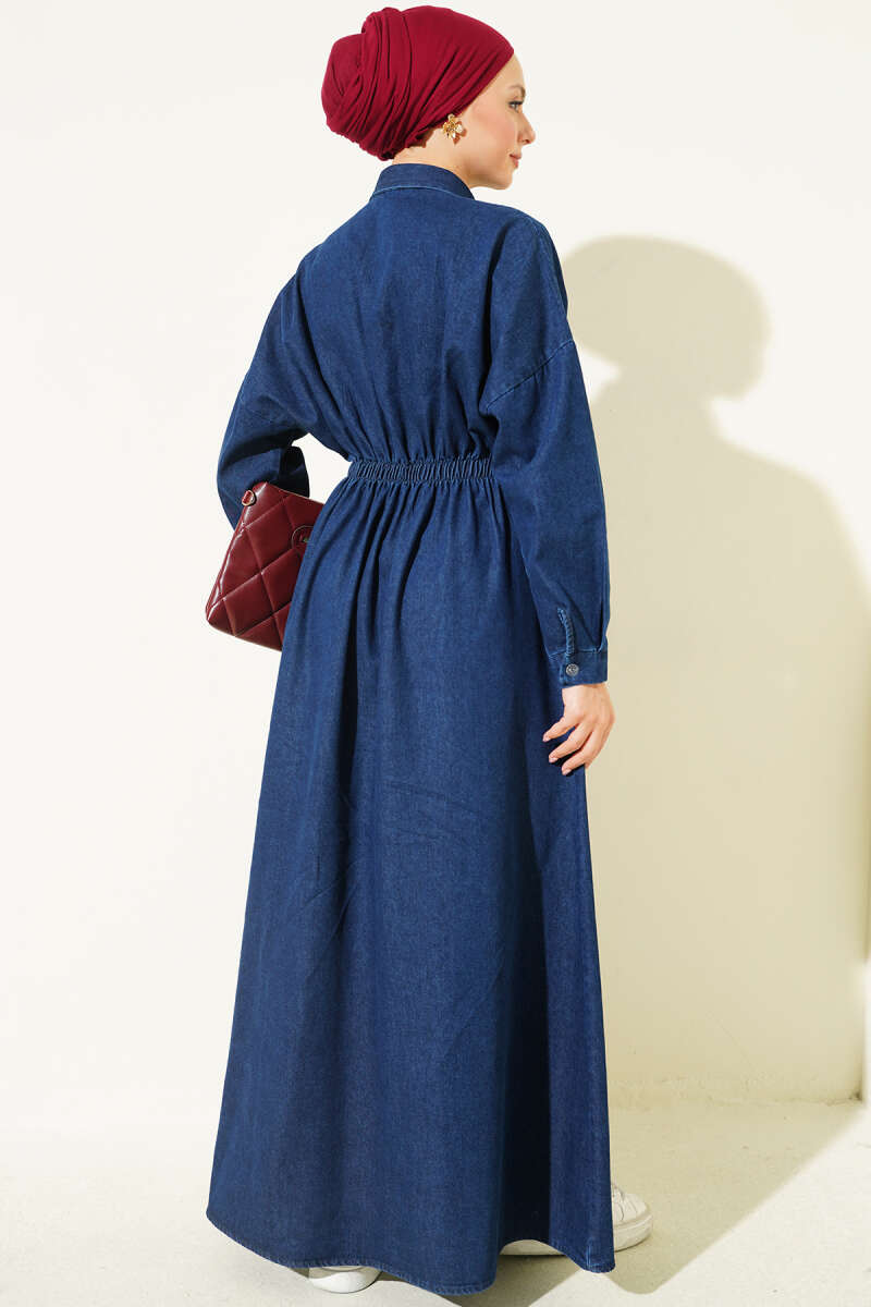 Tulip Embroidered Dress with Elastic Waist - Dark Blue