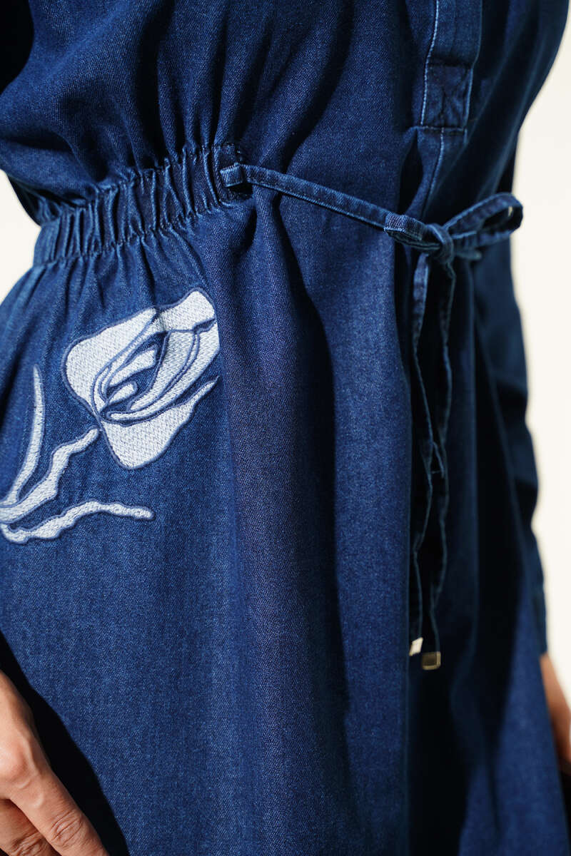 Tulip Embroidered Dress with Elastic Waist - Dark Blue