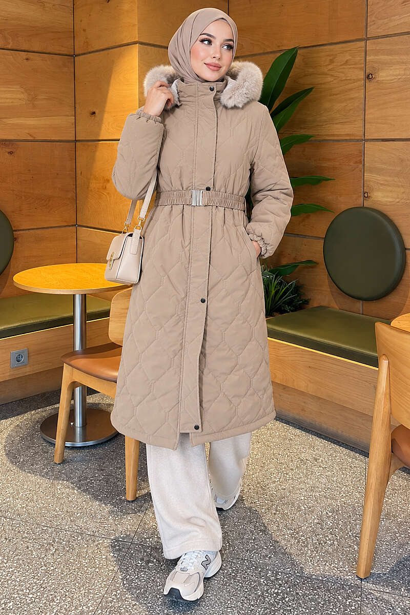 Hooded Quilted Puffer Coat with Elastic Belt - Beige