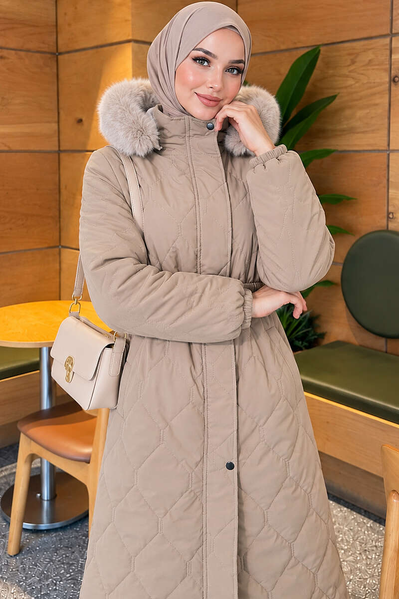 Hooded Quilted Puffer Coat with Elastic Belt - Beige