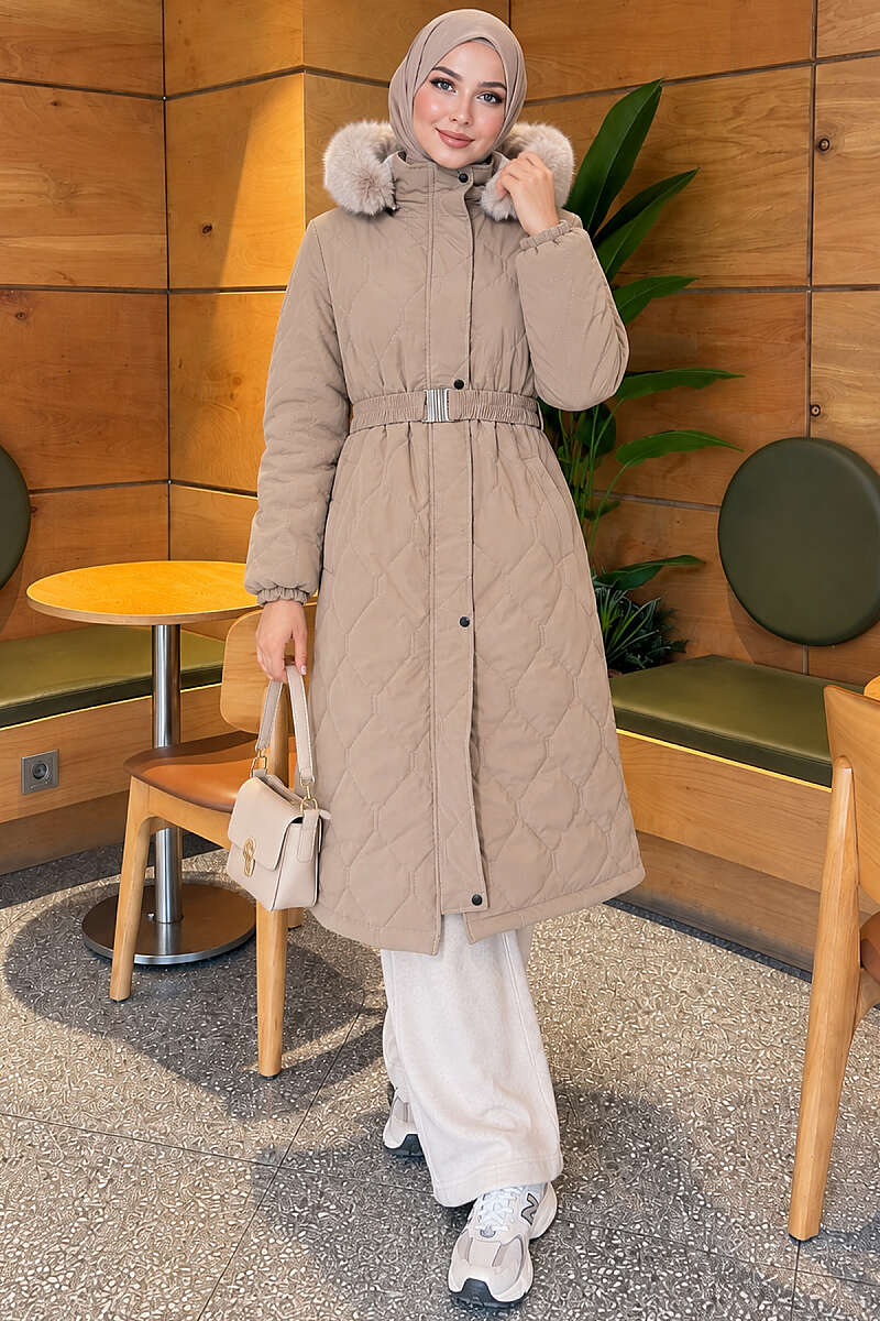 Hooded Quilted Puffer Coat with Elastic Belt - Beige