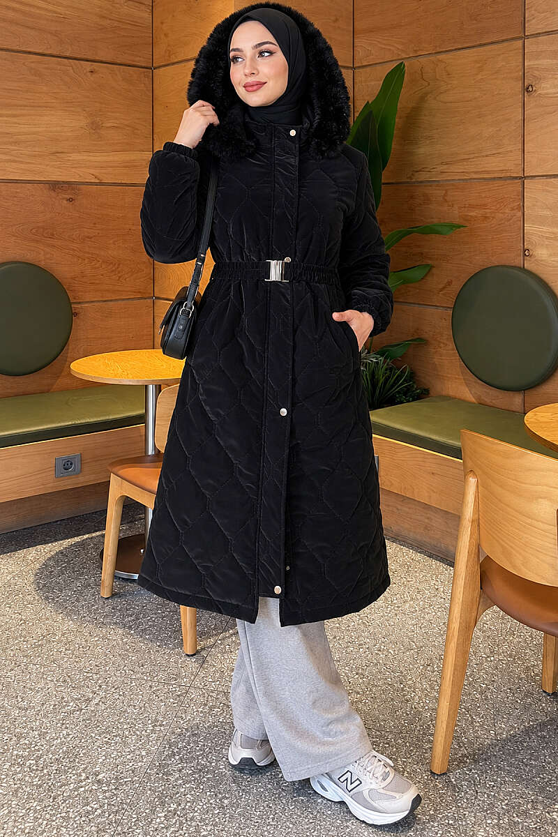 Hooded Quilted Puffer Coat with Elastic Belt - Black