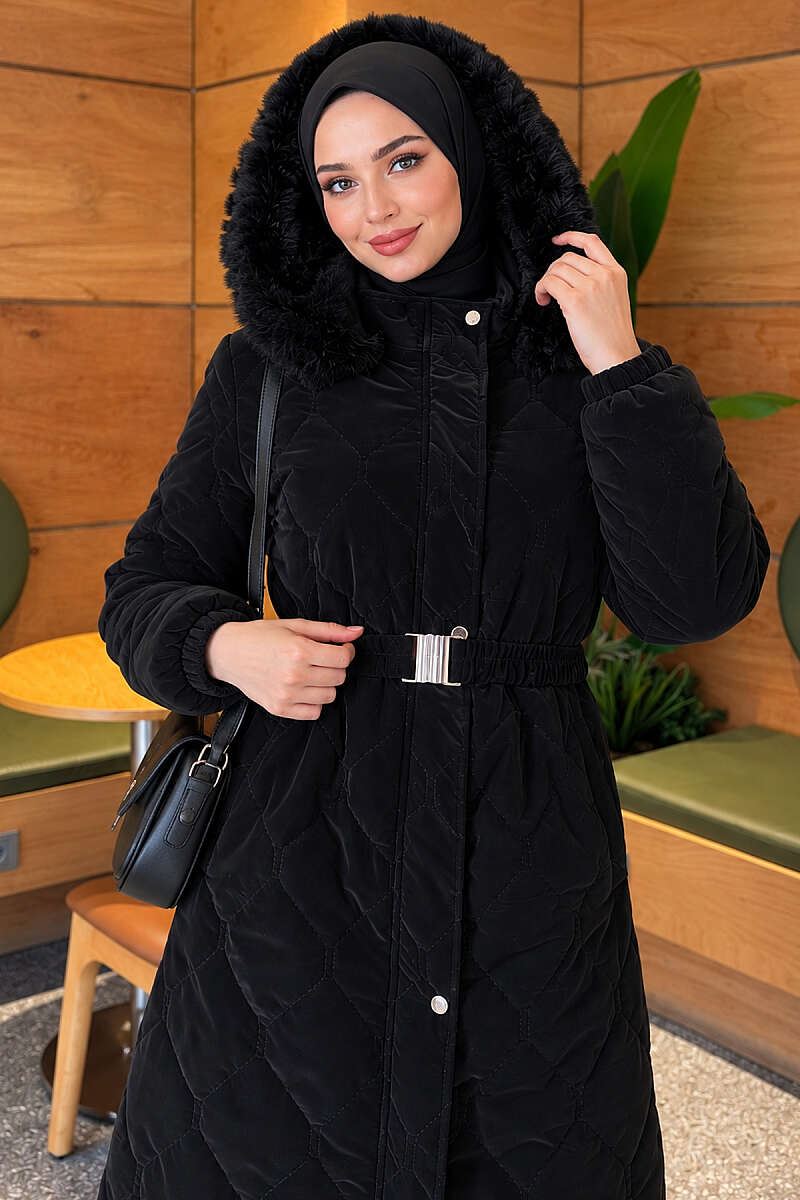 Hooded Quilted Puffer Coat with Elastic Belt - Black