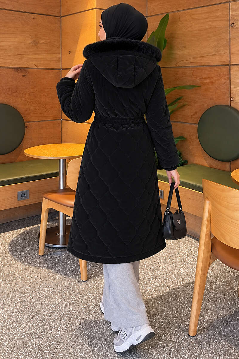 Hooded Quilted Puffer Coat with Elastic Belt - Black