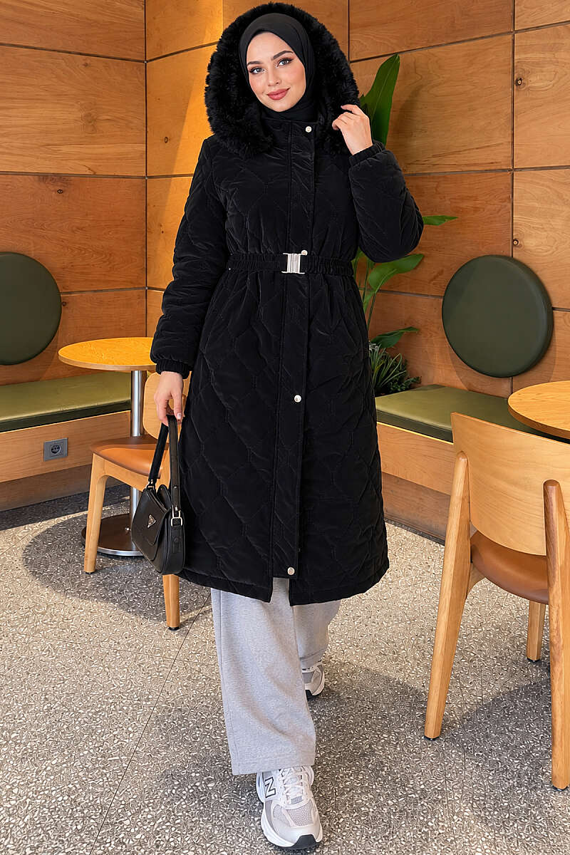 Hooded Quilted Puffer Coat with Elastic Belt - Black