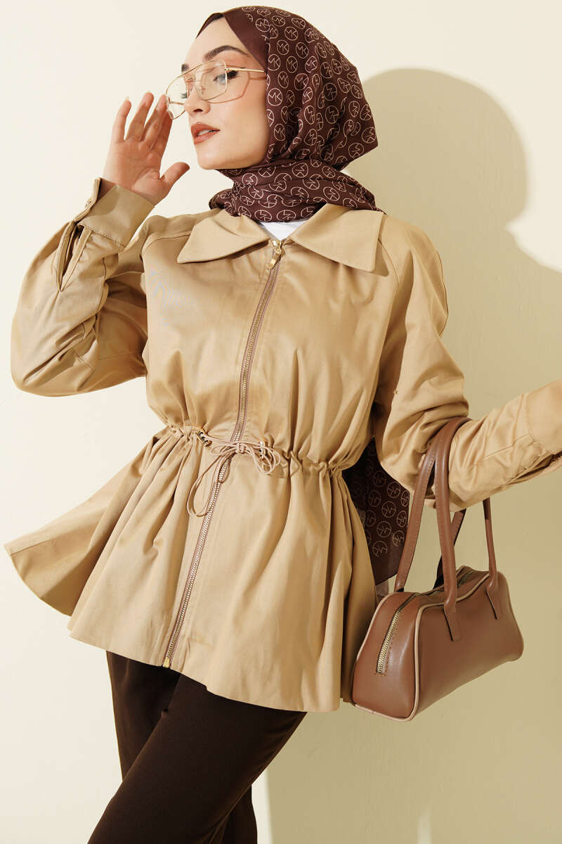 Zip Jacket with Drawstring Waist - Beige