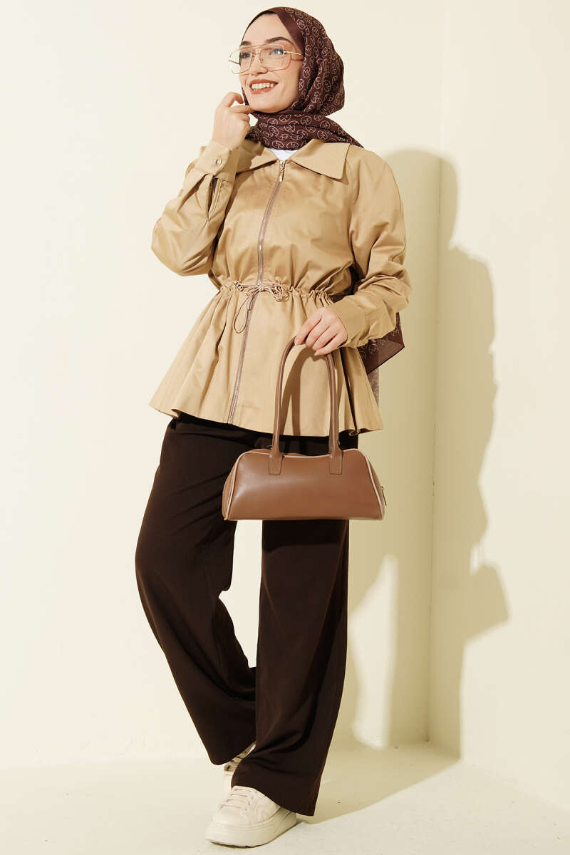 Zip Jacket with Drawstring Waist - Beige