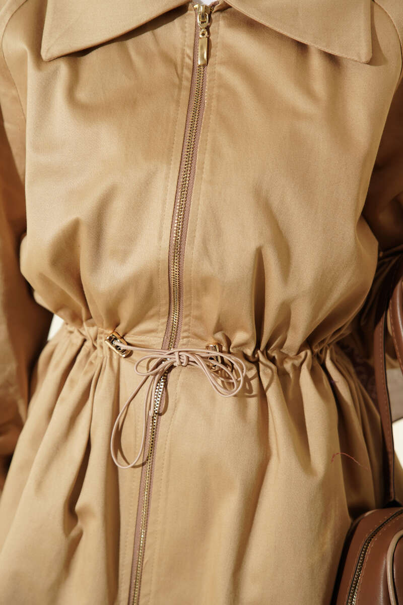 Zip Jacket with Drawstring Waist - Beige