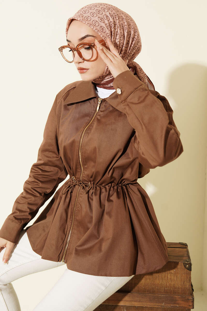 Zip Jacket with Drawstring Waist - Chestnut