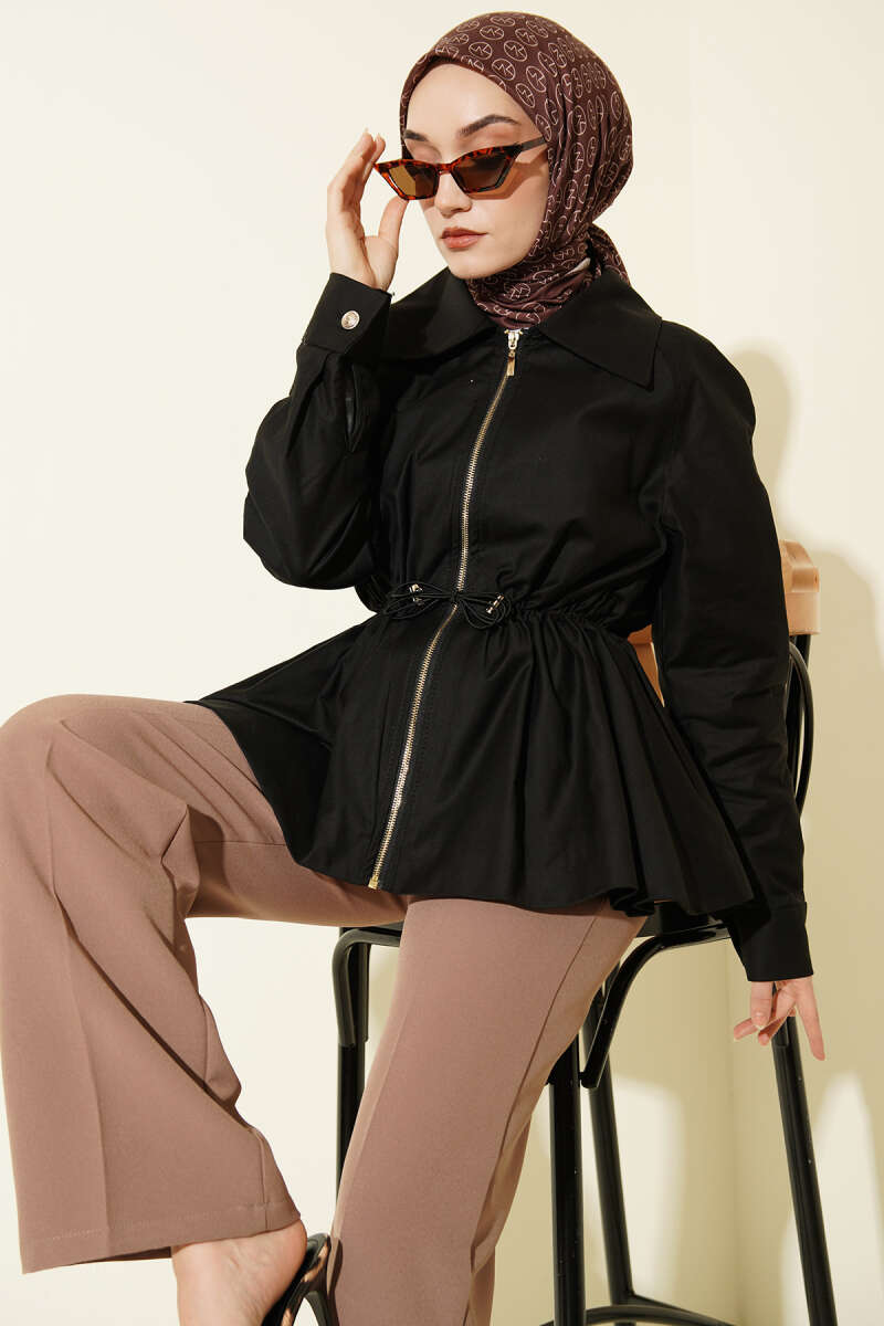 Zip Jacket with Drawstring Waist - Black
