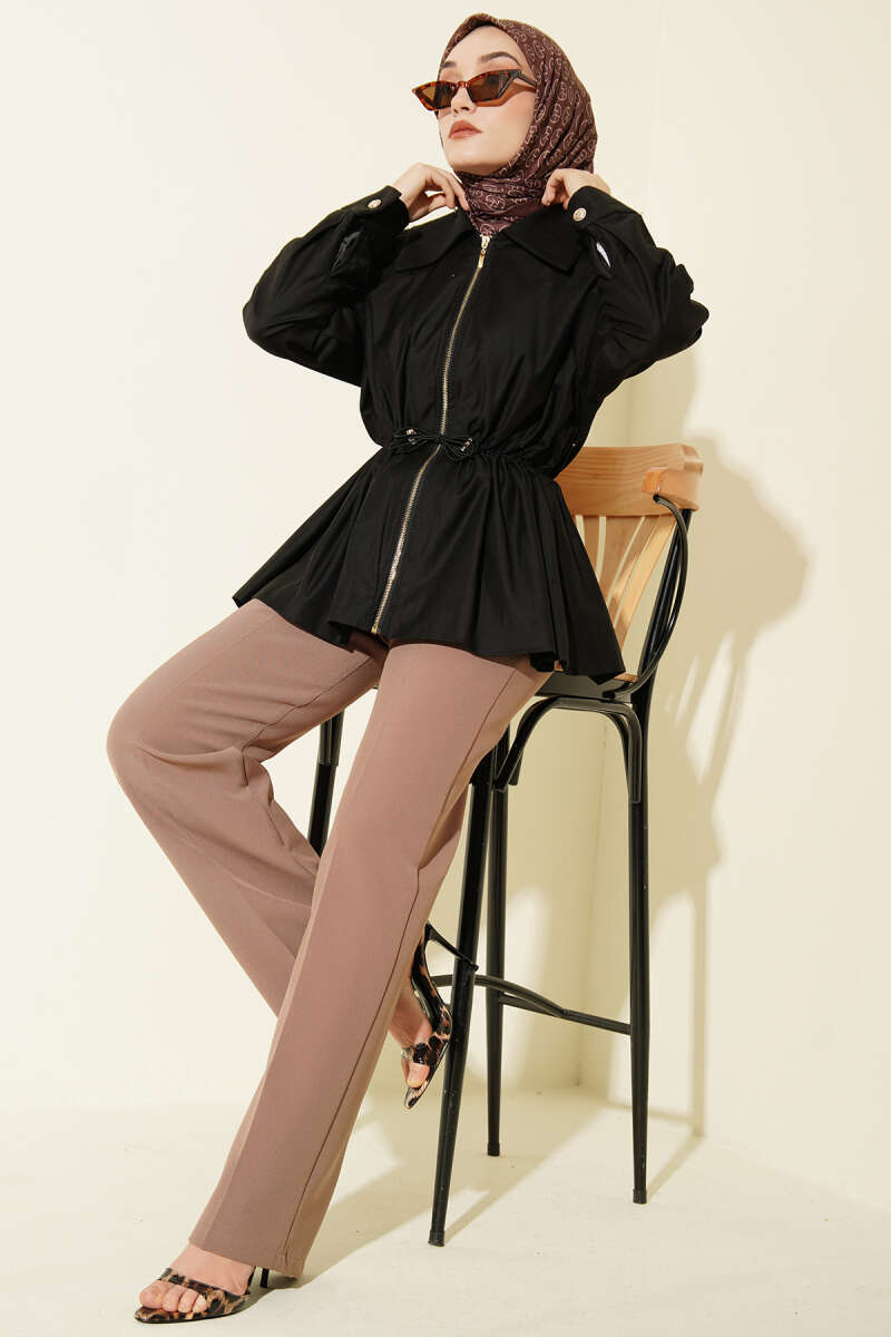 Zip Jacket with Drawstring Waist - Black