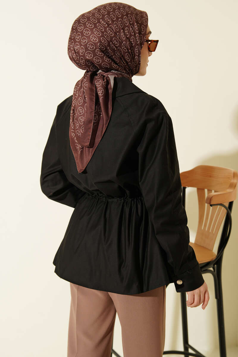 Zip Jacket with Drawstring Waist - Black
