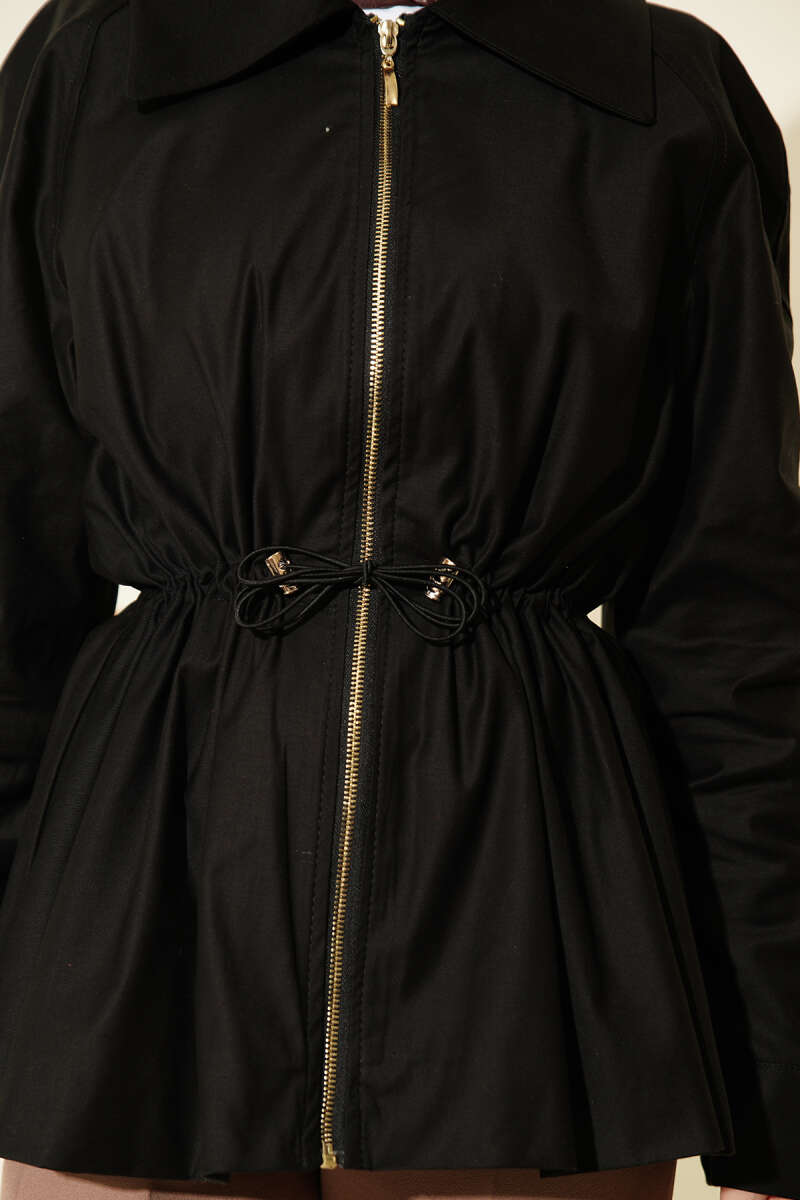Zip Jacket with Drawstring Waist - Black