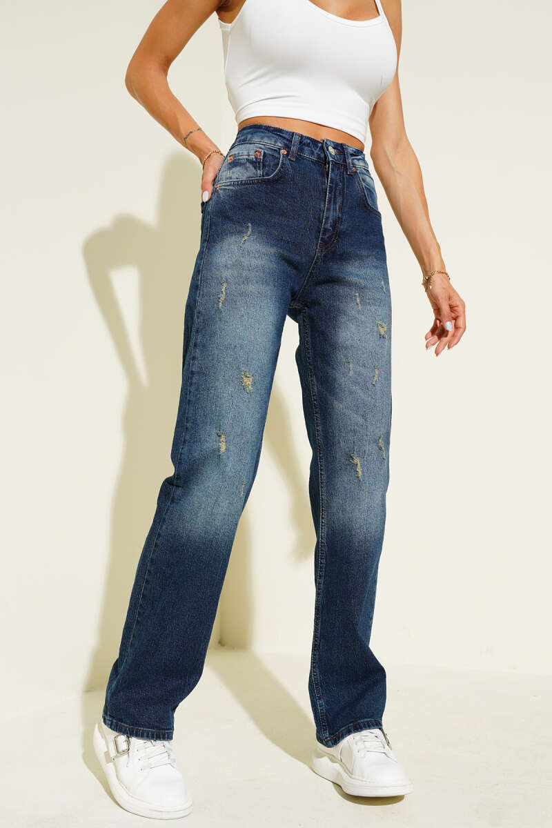 Laser-Distressed Straight-Leg Jeans - Blue
