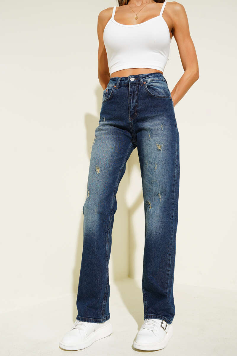 Laser-Distressed Straight-Leg Jeans - Blue