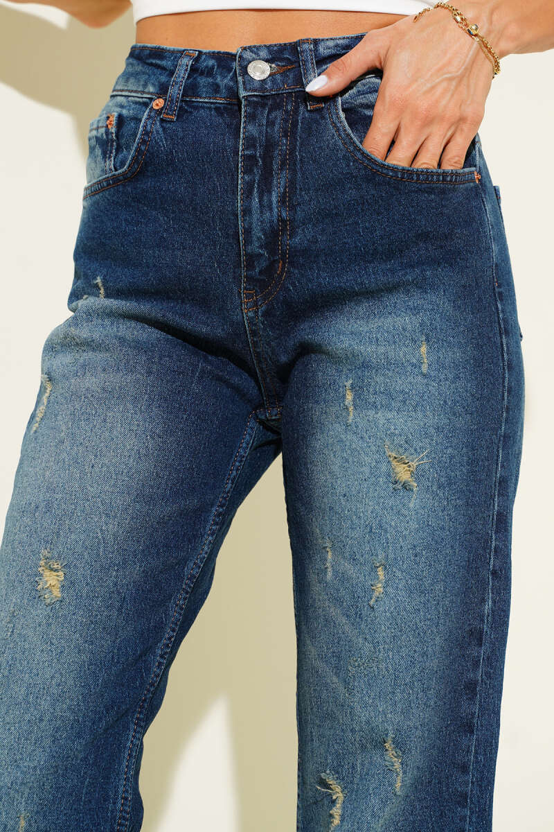Laser-Distressed Straight-Leg Jeans - Blue
