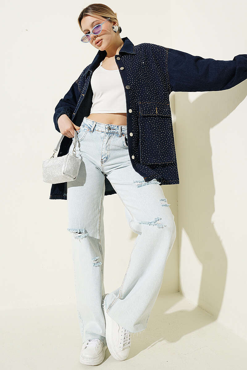 Laser-Finish Denim Palazzo Pants - Light Wash