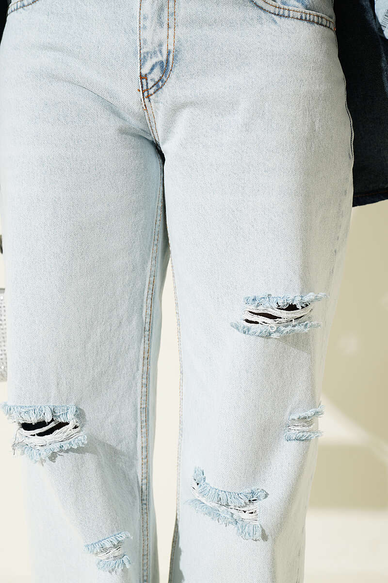Laser-Finish Denim Palazzo Pants - Light Wash