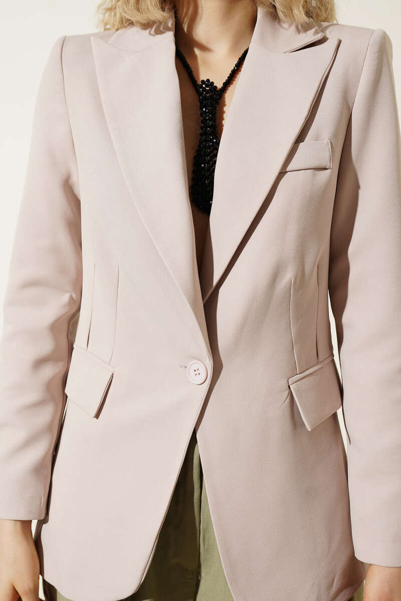 Single-Button Blazer with Leopard Lining - Beige