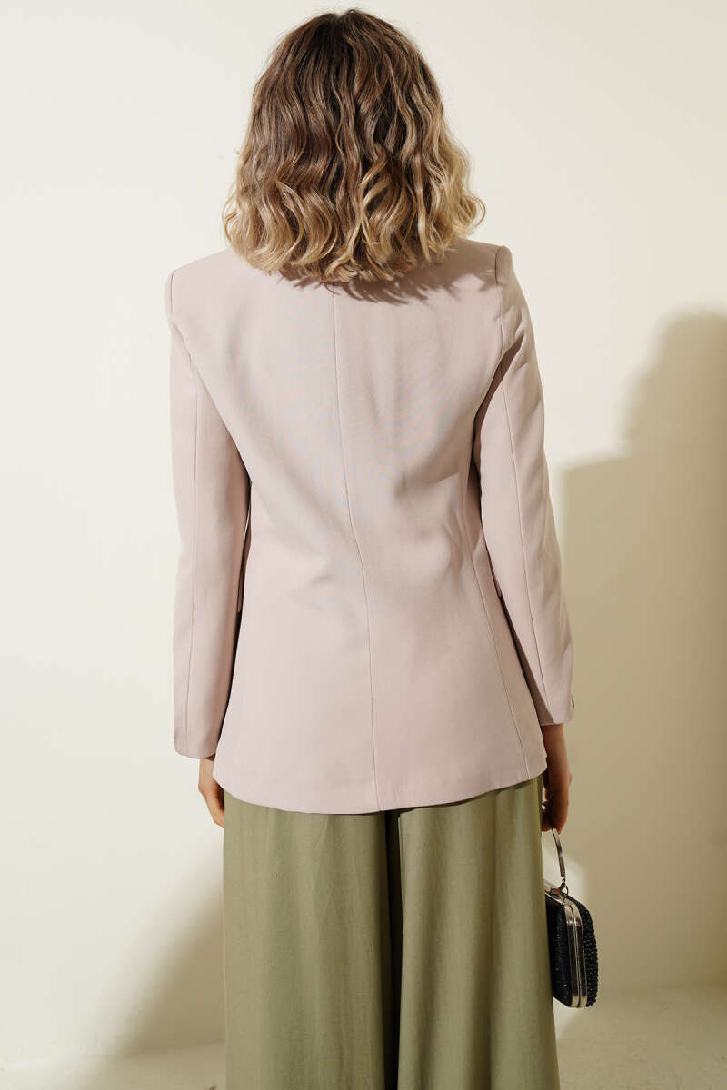 Single-Button Blazer with Leopard Lining - Beige