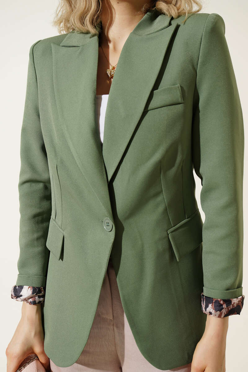 Single-Button Blazer with Leopard Lining - Almond Green