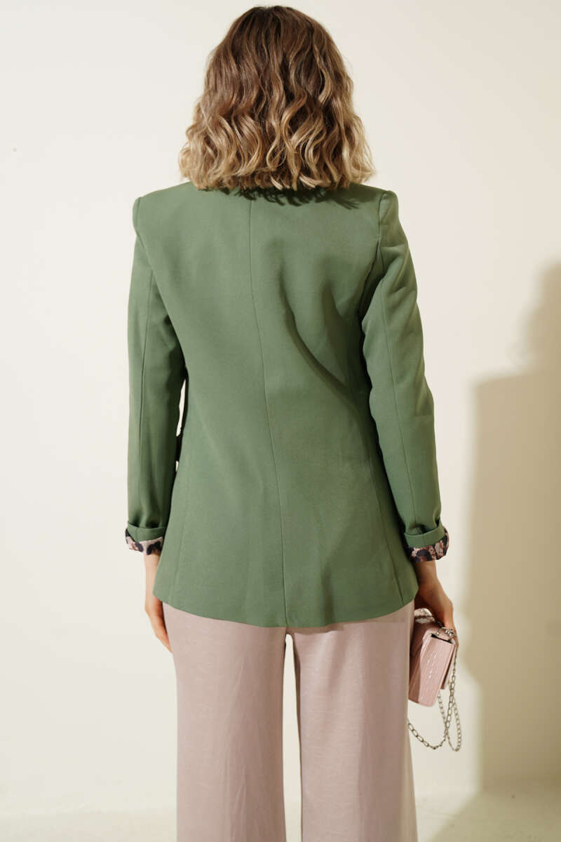 Single-Button Blazer with Leopard Lining - Almond Green