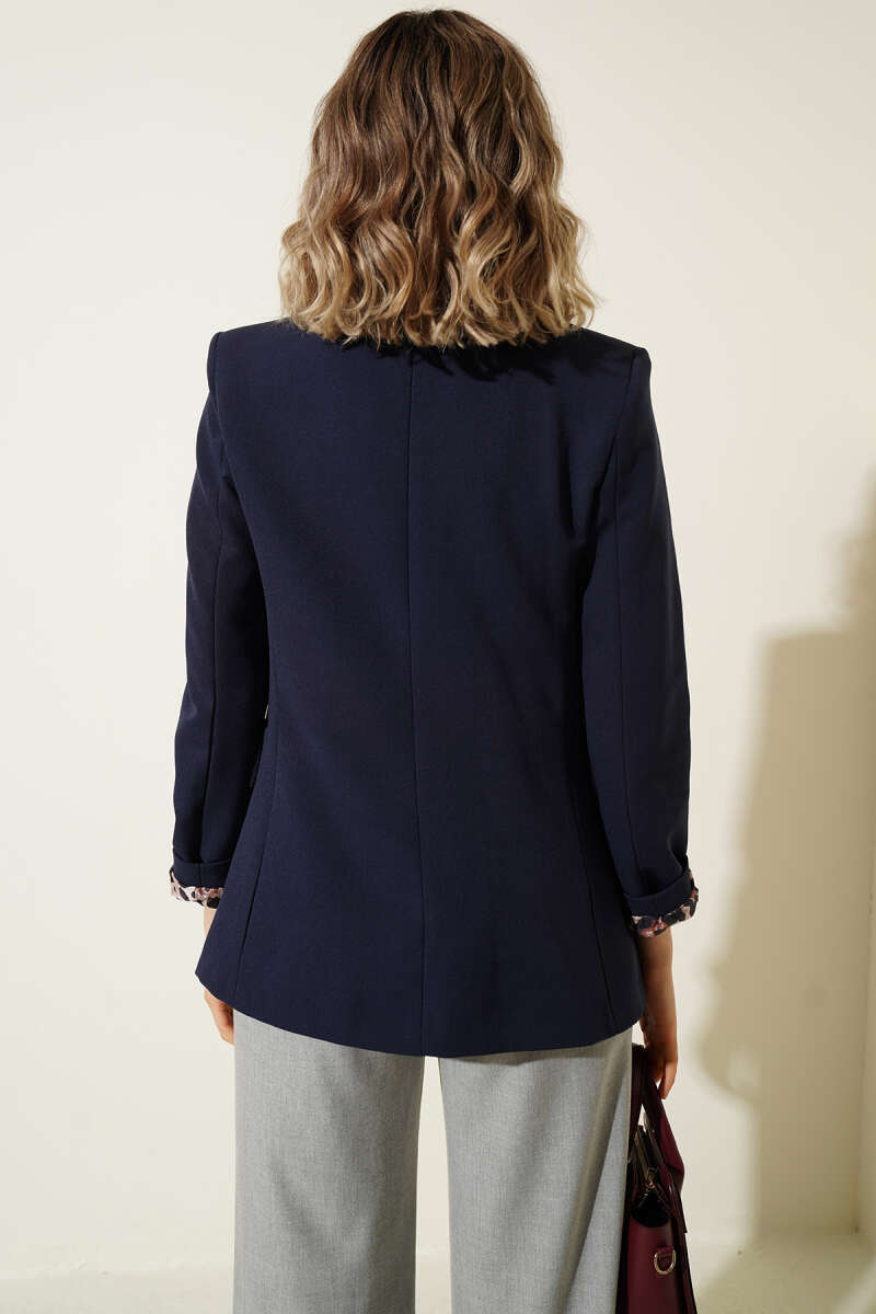 Single-Button Blazer with Leopard Lining - Navy