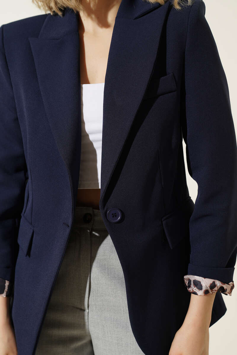 Single-Button Blazer with Leopard Lining - Navy